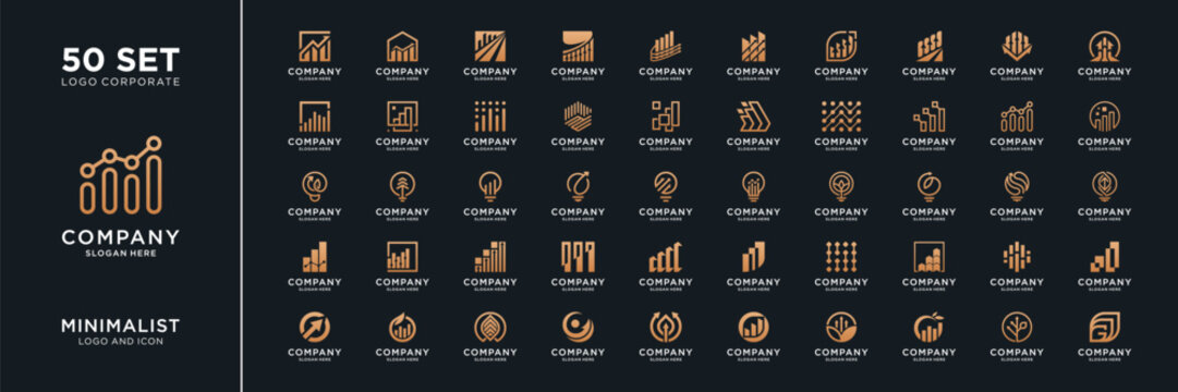Mega logo collection. Financial growth with diagram chart bar logo design inspiration. Geometric abstract logo icon vector isolated on black background.