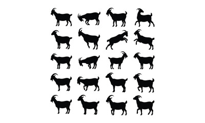 A set of goat silhouettes in multiple natural poses, featuring standing, walking, jumping, and grazing positions. Perfect for farm illustrations, livestock icons, agriculture projects, logo design, ed