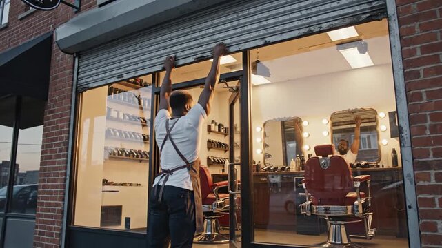 Cinematic exterior video footage of a barbershop worker opening the shop by lifting the shutter, showcasing grooming business atmosphere and morning preparation.
