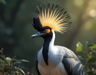 Obraz premium Crowned crane bird with golden yellow head feathers. Ornithology subject with striking orange eye and black neck accent. Wild savanna fauna close up.