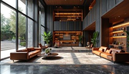 Spacious luxury hotel lobby features comfortable leather sofas, wood paneling, built-in bookshelves with ambient lighting. Large windows offer views of greenery, stairs. Minimalist decor, elegant