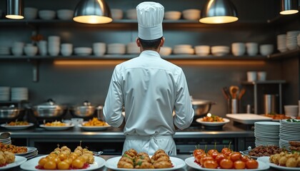 Chef in white uniform stands in professional kitchen. Rows of prepared food dishes and plates on counter. Metal shelves hold clean bowls and cookware. Modern restaurant interior.