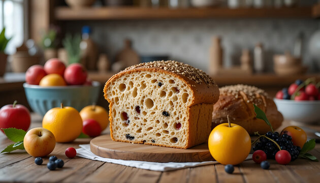 Slice of Rustic Fruit and Nut Bread or Panettone with Sesame Seeds, Surrounded by Fresh Apples and Berries on a Wooden Kitchen Table, Ideal for Baking, Recipe, and Homemade Food Concepts