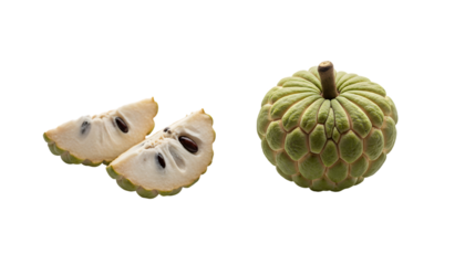 Whole custard apple fruit and two slices showing creamy white flesh and black seeds isolated on transparent background