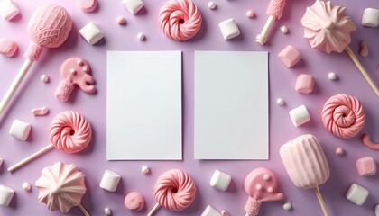 Two blank white cards rest on pastel purple background with pink candies, marshmallows. Card mockups for invitations, party flyers, kids designs with sweet treats. Useful for birthday baby shower.