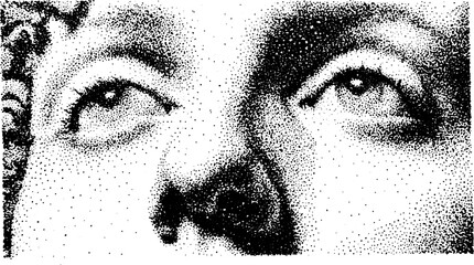 Illustration of eyes and face in high contrast black and white. Detailed vector art with a unique dot style, showcasing modern visual concepts.