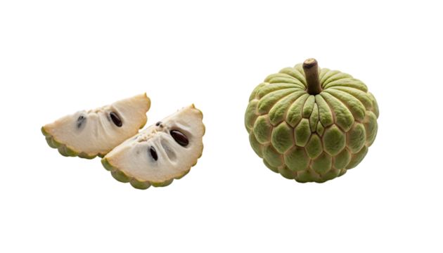 Whole custard apple fruit and two slices showing creamy white flesh and black seeds isolated on transparent background