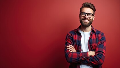 Young man with beard and glasses smiles confidently. He wears a plaid shirt over a white tee, arms crossed against a red backdrop, looking directly ahead.