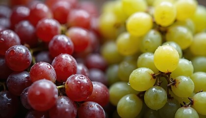 Fototapeta premium Bunches of fresh red and green grapes sit together, glistening with water droplets. These ripe fruits offer a healthy, natural food choice for meals or snacks. Their sweet juicy texture is delightful.