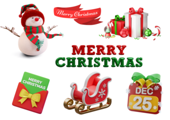 Christmas elements with snowman, gifts, sleigh, and calendar isolated on transparent background