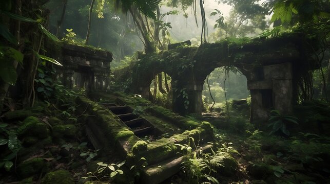 Forgotten archaeological site swallowed by the verdant embrace of a jungle landscape - Powered by Adobe