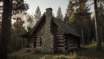 Obraz premium Rustic Log Cabin with Smoking Chimney Nestled in a Serene Forest Landscape.