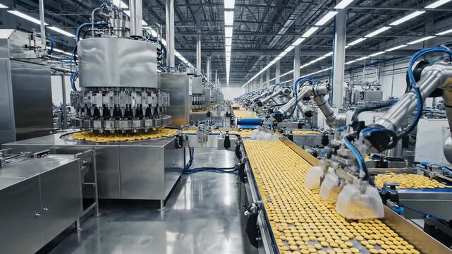 Cinematic wide-angle video footage of an industrial production line with automated robotic systems and packaged goods moving along a conveyor inside a modern factory.
