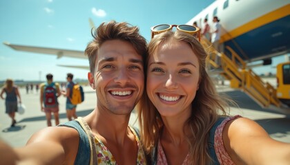 Happy young couple takes selfie with airplane boarding passengers in background. Couple smiles, enjoys vacation trip, travel adventure, flight journey, sunny day.