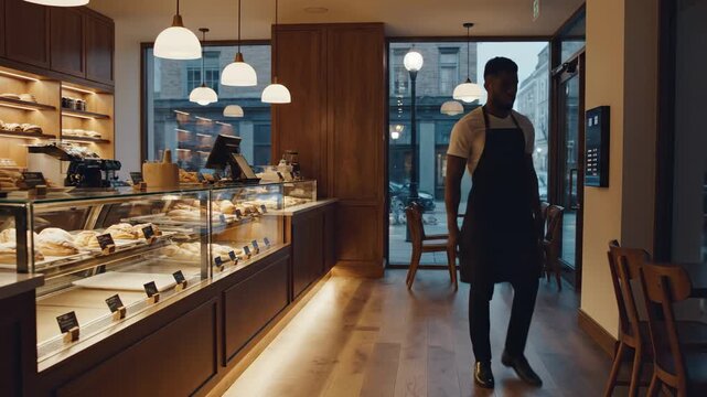 Panning cinematic video footage of a cafe worker preparing the counter before opening, with pastries displayed and warm interior lighting creating a cozy atmosphere.
