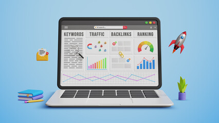 Boost Website Ranking, SEO Growth, Powerful SEO Strategies, High-Quality Backlinks, Fast Performance, Keyword Optimization, and Organic Traffic. Tracking Website Ranking on 3D Laptop