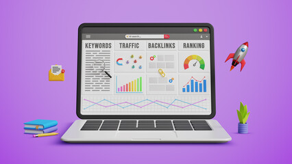 SEO analytics report, Keyword Ranking, SEO Content Performance, Organic Growth and Strong Search Performance concept. Monitoring Website Ranking on 3D Laptop