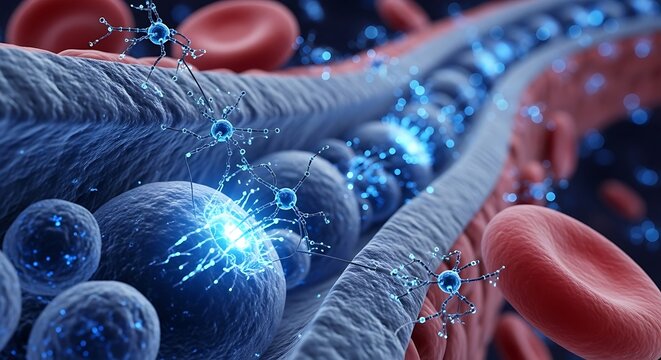 Detailed microscopic view of neurons interacting within a blood vessel, showcasing cellular energy and neural network connections in a complex biological system