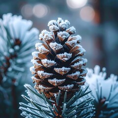 Ein mit Frost überzogener Tannenzapfen vor einem verschwommenen Winterwaldhintergrund. Weihnachtliches Naturmotiv.