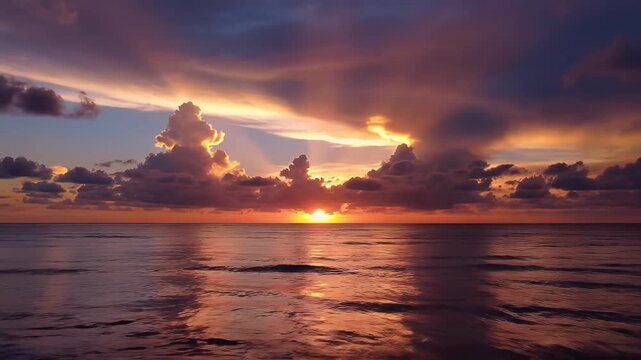 Dramatic Sunset Over Calm Ocean with Reflective Water and Textured Clouds