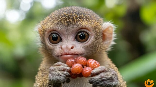 Adorable Baby Monkey Munching on Delicious Red Berries in Nature.