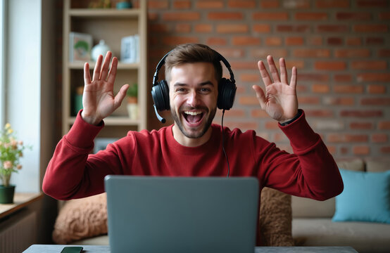 Young man with headphones, mic celebrates online gaming victory at home. Excited gamer raises hands in triumph, smiles broadly at laptop screen. Happy person enjoys winning competition, playing video