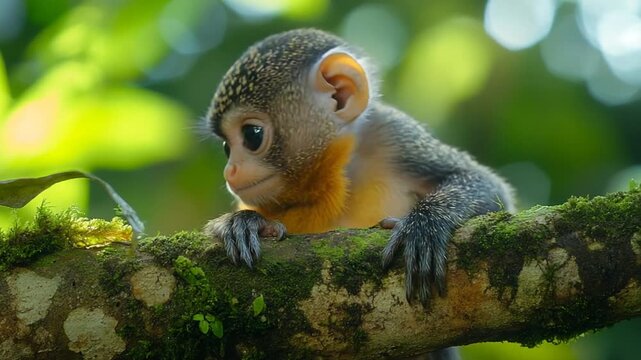 Adorable Baby Monkey Perched on a Mossy Tree Branch in Lush Green Forest.