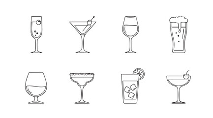 Collection of eight different cocktail and drink glasses in a hand drawn silhouette style