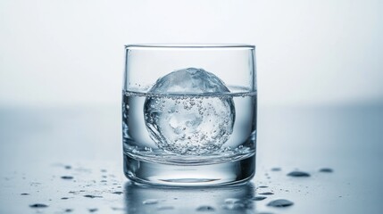 A Clear Glass With A Large Ice Ball Floating In Water.