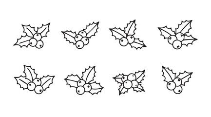 Fototapeta premium Collection of eight hand drawn holly leaf and berry clusters silhouette