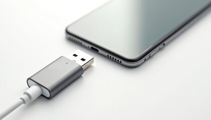 Gray USB flash drive connects to a modern smartphone on clean white surface. Data transfer, storage, and device connection concept for digital information sharing and backup needs.