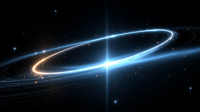 Abstract glowing circular ring with bright starburst effect and sparkling particles on dark background