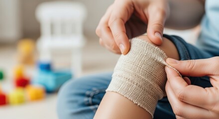 Child with a bandaged knee is sitting on the floor, gently adjusting the dressing while colorful toys are scattered around, illustrating care and healing in a playful environment