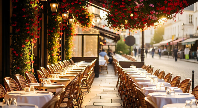 A row of empty, sunlit café tables under a canopy of vibrant red flowers, perfect for travel and European dining lifestyle concepts.
