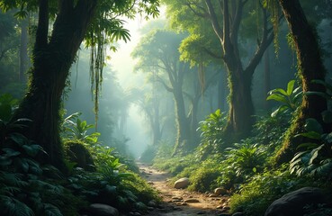 Obraz premium Rich tropical rainforest photo with dense vegetation. Tall trees create natural canopy. Trail leads into light. Sun rays shine through leaves. Nature scene creates a peaceful atmosphere.