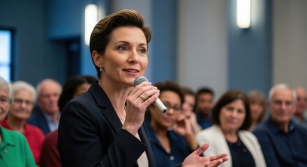 Female Public Official Communicating Policy to Community Members at Town Hall