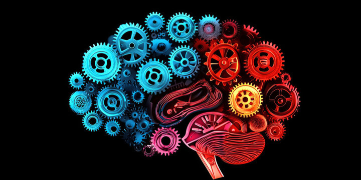 Abstract background with a glowing human brain filled with gears, symbolizing strategic thinking and motivation