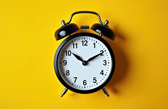 Classic analog alarm clock with black casing and bells on yellow background. Shows precise hour minute second, time passing. Device for waking up.