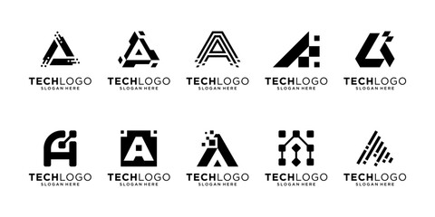 Set of letter A technology logo design. Initial A isolated on white. Geometric abstract logo icon vector.