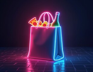 Neon grocery bag filled with food items like pizza, avocado. Bottle of wine also visible. Bag bright pink, blue outlines. Dark background, tiled floor complete scene. Modern food delivery.
