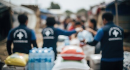 Humanitarian Response Blur – Defocused view of relief workers handing out essential supplies