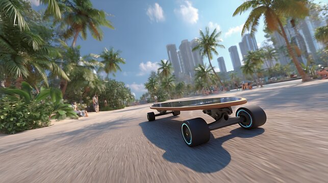 Electric skateboard cruising along beachside promenade with cityscape views
