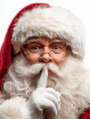 Obraz premium Santa Claus portrait with finger on lips wearing white gloves, glasses, and hat, smiling with cheerful expression, isolated on pure white background, festive holiday concept with detailed features.