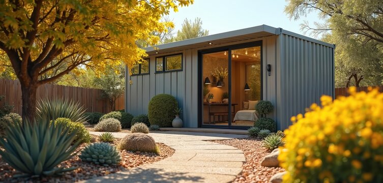 Modern tiny home accessory dwelling unit with sliding glass doors and large windows. Minimalist backyard garden landscaping features succulents and gravel path leading to prefab structure.