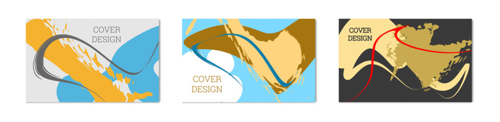 Paint strokes and geometric elements. Set of 3 multi-colored backgrounds. Notebook or notebook cover design. Creative background.