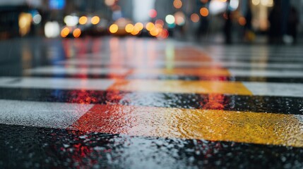 Wet City Crosswalk With Colorful Reflections And Blurred Lights. Urban Rain Scene Capturing Vibrant City Life