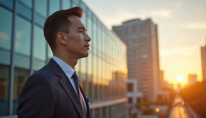 Young man in suit looks towards sunset over city buildings. He embodies ambition, career growth, and future success. Pro gazes at urban skyline.