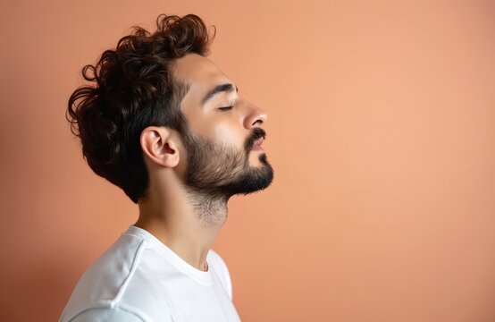 Young man with curly dark hair and beard closes eyes, tilted head up, relaxed face. Caucasian person with white t-shirt, studio portrait, smooth skin, calm expression.