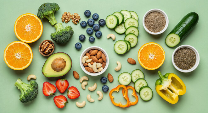 Assorted fresh fruits, vegetables, nuts, and seeds on green background promoting plant-based nutrition, overall wellness, and clean eating habits.