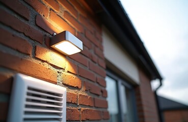 Modern led security light illuminates brick wall next to air vent. Exterior house lighting provides safety and illumination for home. Bright outdoor lamp lights up facade.